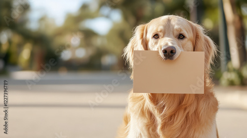 golden retriever dog holding blank envelope in its mouth, sitting outdoors with blurred background. scene conveys playful and friendly atmosphere