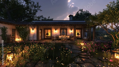 Serene evening at a cozy home with illuminated garden and soft twilight ambiance photo