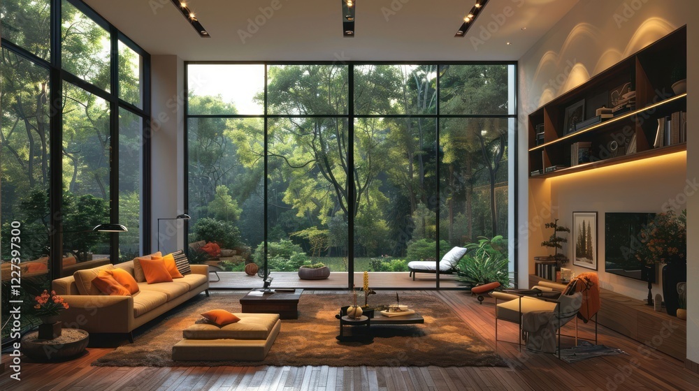 Fototapeta premium Modern living room with large windows showcasing a lush garden view and cozy furniture arrangement