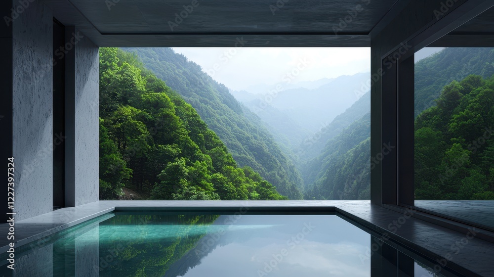 A serene modern space featuring an infinity pool, surrounded by lush greenery and misty mountains, creating a tranquil atmosphere. A serene modern space featuring an infinity pool, surrounded by lush greenery and misty mountains, creating a tranquil atmosphere.