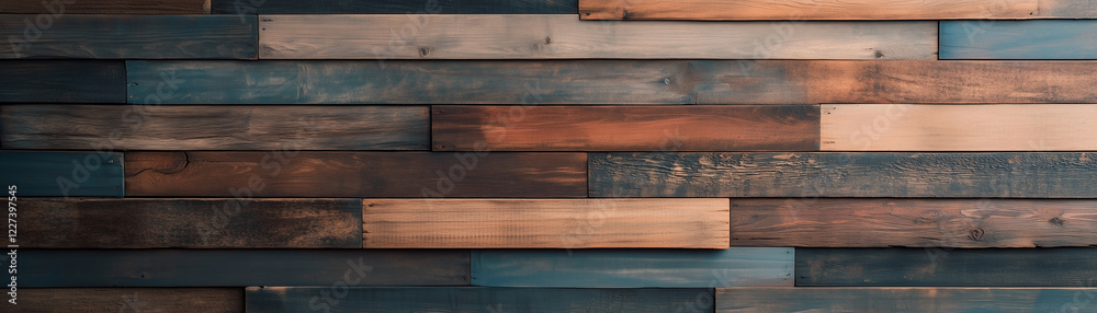 textured wooden wall featuring various shades of brown and blue, creating rustic and warm atmosphere. textured wooden wall featuring various shades of brown and blue, creating rustic and warm atmosphere.