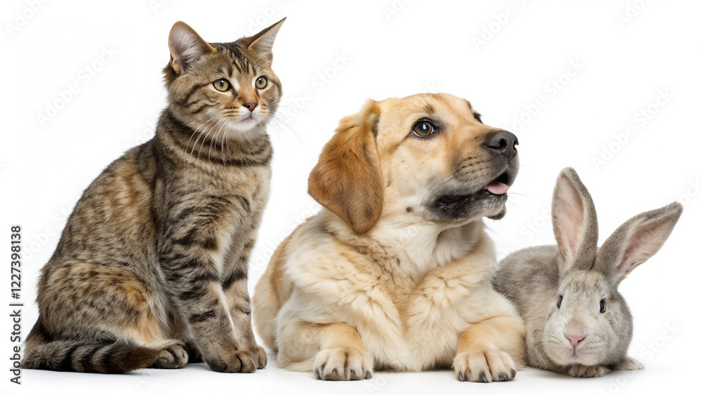 The image features a charming trio of pets, including a domestic cat, a Labrador retriever puppy, and a rabbit. The image features a charming trio of pets, including a domestic cat, a Labrador retriever puppy, and a rabbit.