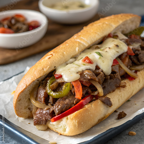 A hoagie roll filled with sliced steak, melted cheese, and sautéed photo