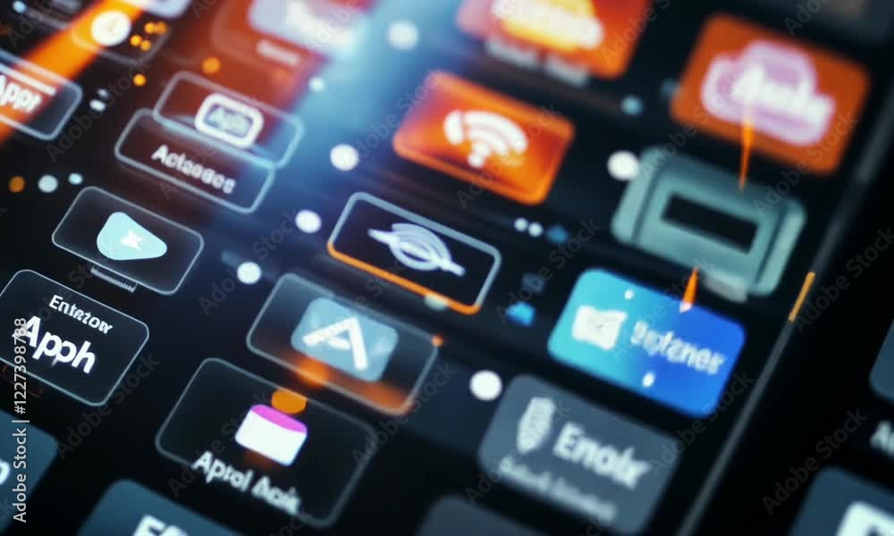 Close-up view of a futuristic digital interface showcasing various app icons and features Close-up view of a futuristic digital interface showcasing various app icons and features