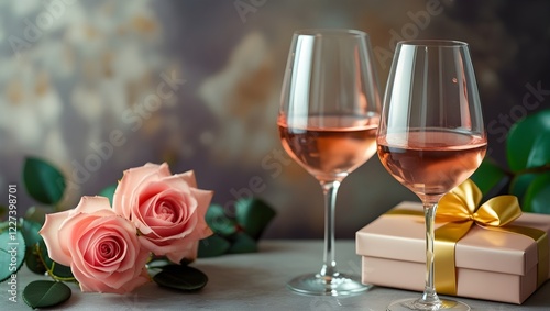  Two glasses of wine adorned with romantic rose  flower