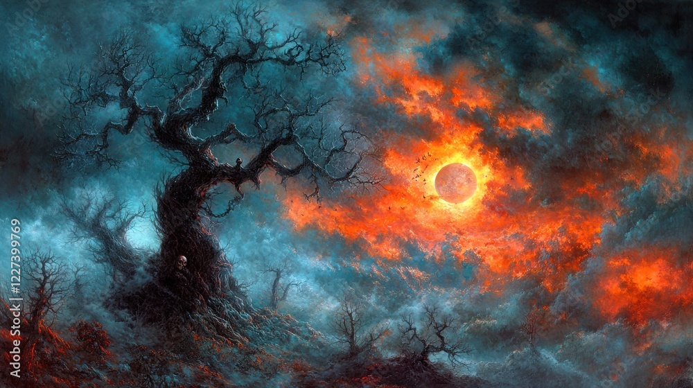Fototapeta premium Eerie landscape fiery sunset, barren trees, ominous moon. Use Fantasy art, book cover
