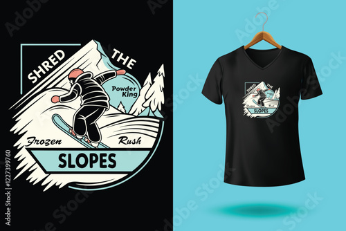 Snowboarder is having fun riding down a snowy mountainside in a cool, vintage style illustration. This design is perfect for winter sports enthusiasts.