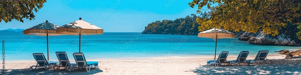 Naklejka premium Panoramic view of Samed Island’s white sandy beach, turquoise waters, sunbeds, and umbrellas in a serene minimalistic setting