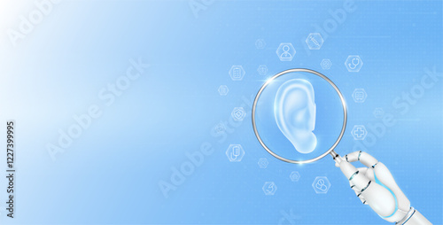 Doctor robot hand holding magnifying glass ear analysis. Human organ surrounded by medical icon. Healthcare technology concept. Medical science banner with empty space for text. Vector EPS10.