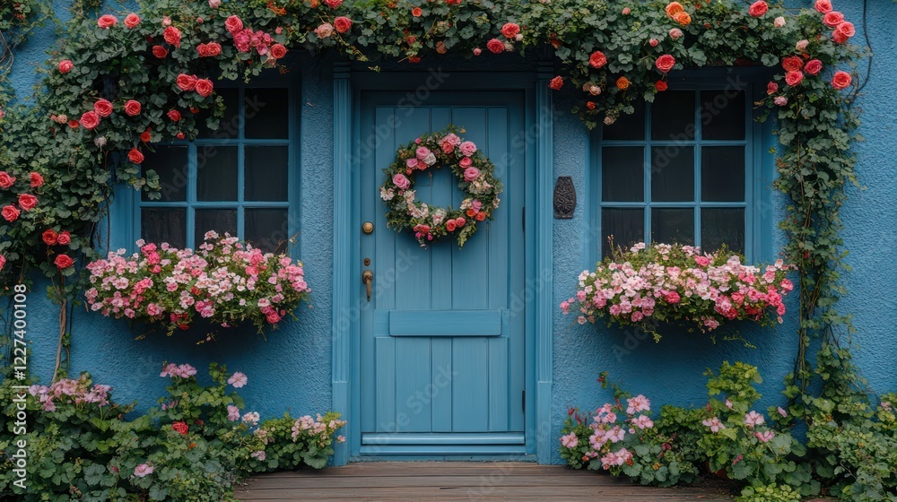 Fototapeta premium Charming Blue House Adorned with Blooming Flowers