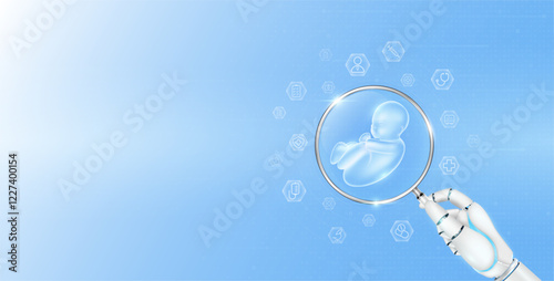 Doctor robot hand holding magnifying glass fetus analysis. Human organ surrounded by medical icon. Healthcare technology concept. Medical science banner with empty space for text. Vector EPS10.