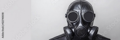 A masked figure wearing a black gas mask stares directly at the camera, evoking feelings of mystery and unease.