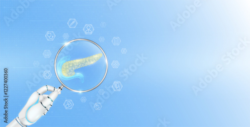 Doctor robot hand holding magnifying glass pancreas analysis. Human organ surrounded by medical icon. Healthcare technology concept. Medical science banner with empty space for text. Vector EPS10.