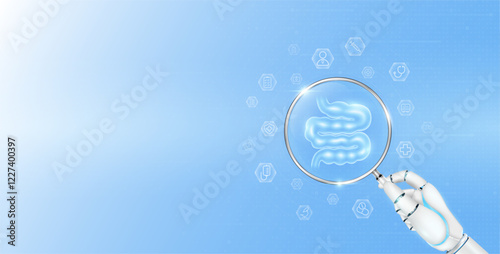 Doctor robot hand holding magnifying glass small intestine analysis. Human organ surrounded by medical icon. Healthcare technology concept. Medical science banner with empty space for text. Vector.