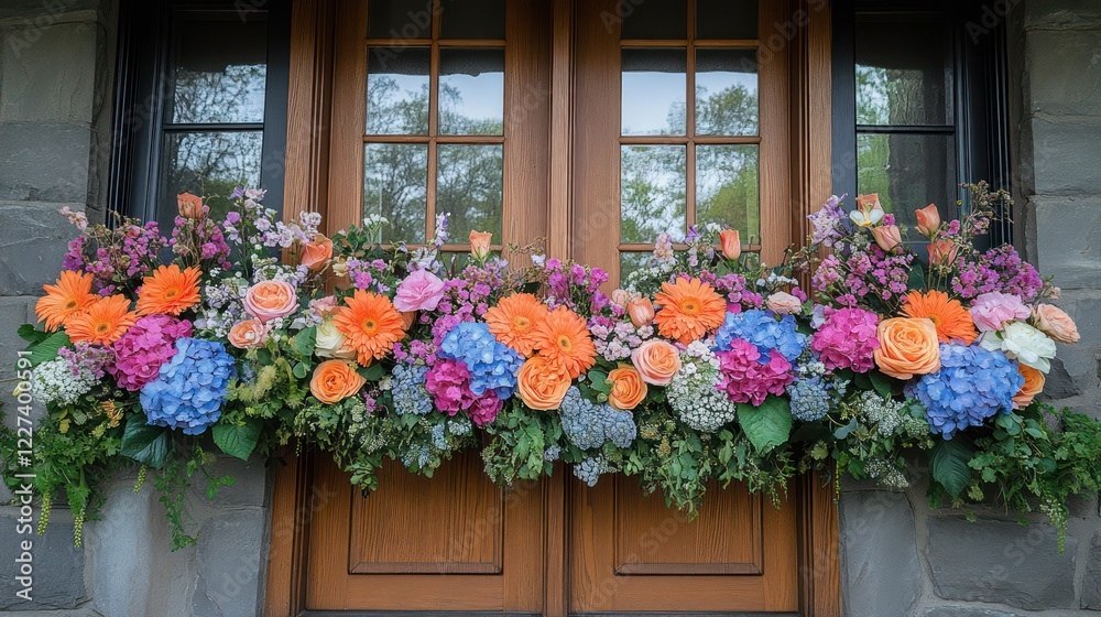 Fototapeta premium Vibrant Floral Arrangement Adorning a Rustic Doorway