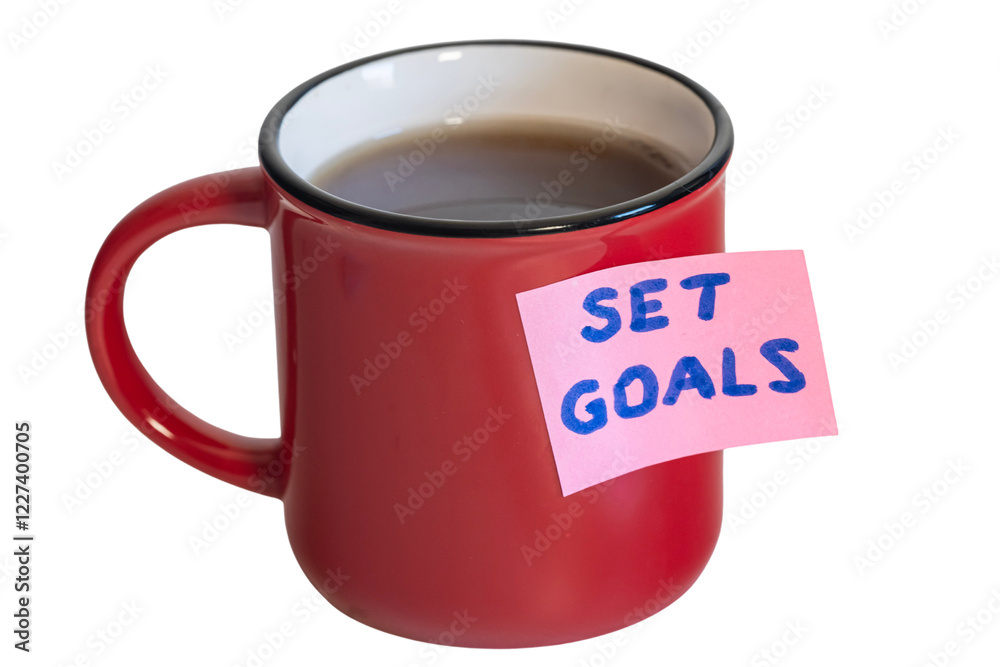 czerwony kubek z herbatą z przyklejoną kartką samoprzylepną z napisem: SET GOALS