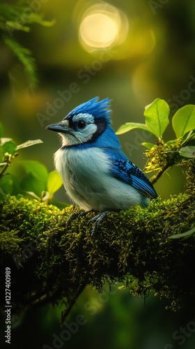 HD Phone Wallpaper Vibrant Blue Jay Perched on Mossy Branch in Lush Green Forest photo