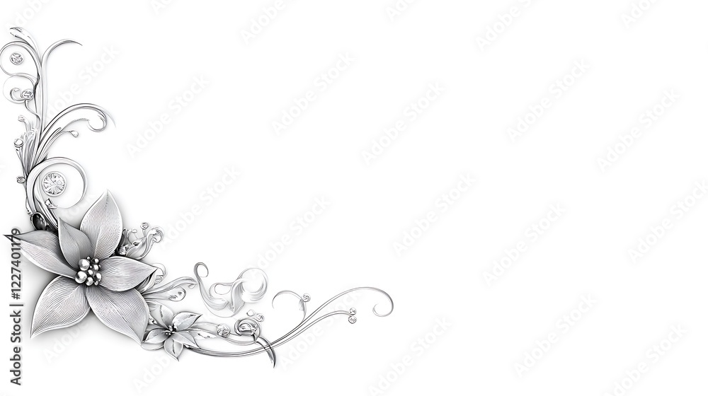 Silver Floral Design with Ornate Flourishes and Gems Silver Floral Design with Ornate Flourishes and Gems