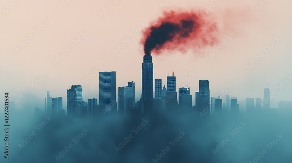 A skyline shrouded in fog with a factory chimney emitting dark smoke, symbolizing pollution and environmental concerns. A skyline shrouded in fog with a factory chimney emitting dark smoke, symbolizing pollution and environmental concerns.