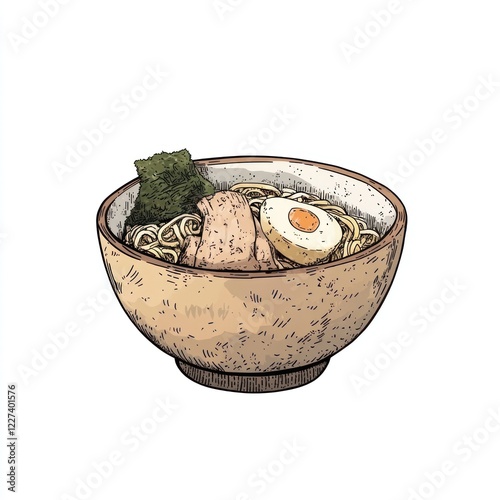 Delicious ramen bowl, egg, pork, seaweed, noodles, Asian cuisine, food illustration, restaurant menu photo