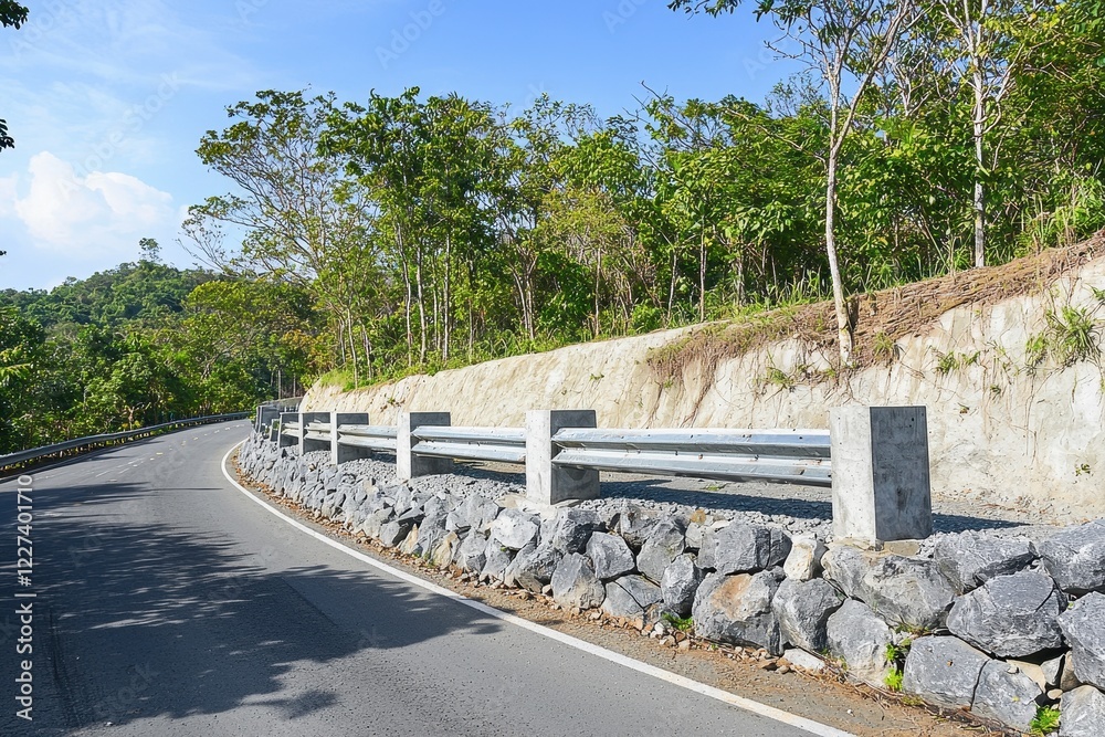 Fototapeta premium A landslide prevention barrier along a mountain road, with sturdy barriers installed to protect against rockslides