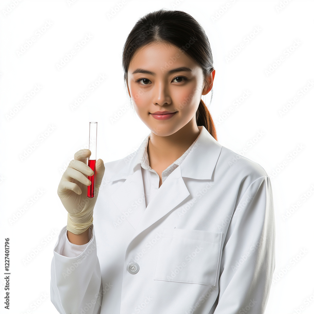 confident Asian woman in scientist lab coat holding test tube isolated on white background confident Asian woman in scientist lab coat holding test tube isolated on white background