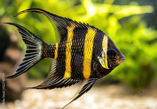 A fish with black and yellow stripes swims in a tank photo