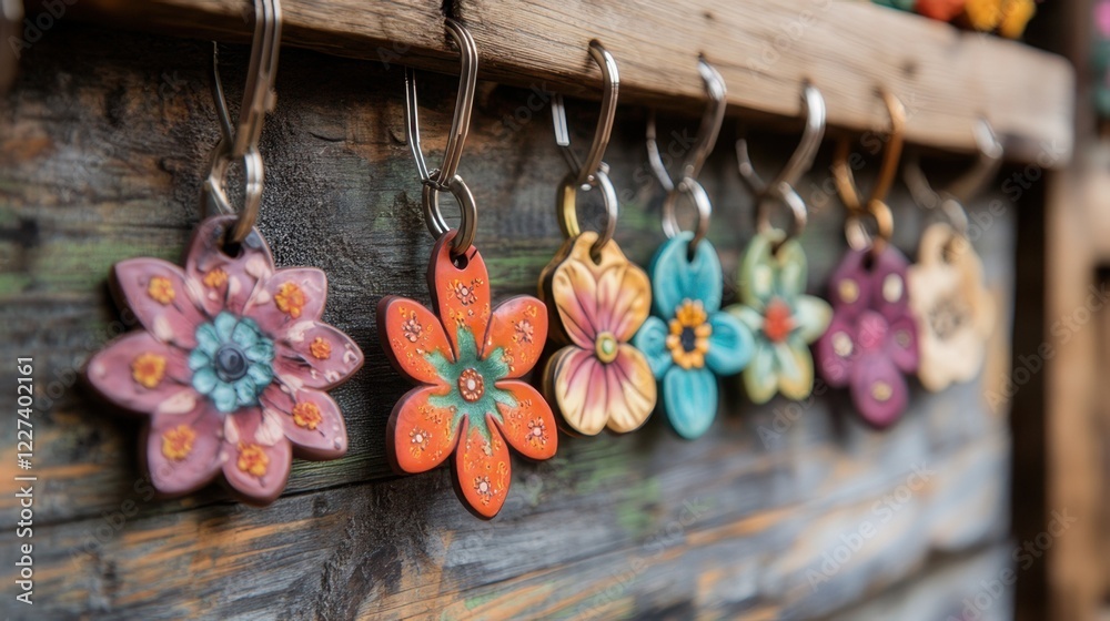 A close-up of a rose-shaped fabric keychain with delicate petals and a satin ribbon. A close-up of a rose-shaped fabric keychain with delicate petals and a satin ribbon.