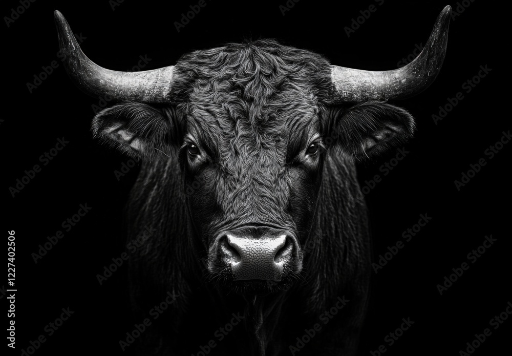 A bull with horns is staring at the camera A bull with horns is staring at the camera