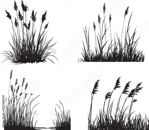 Silhouette of a wetland with reeds swaying in the breeze vector silhouette