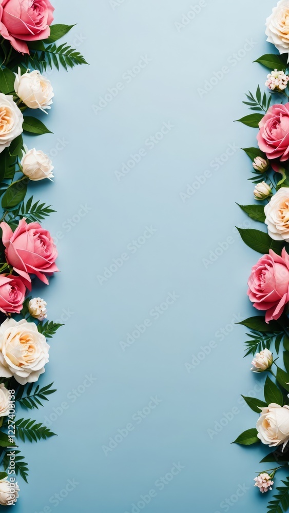 Fototapeta premium Beautiful arrangement of pink and white roses with greenery on a soft blue background