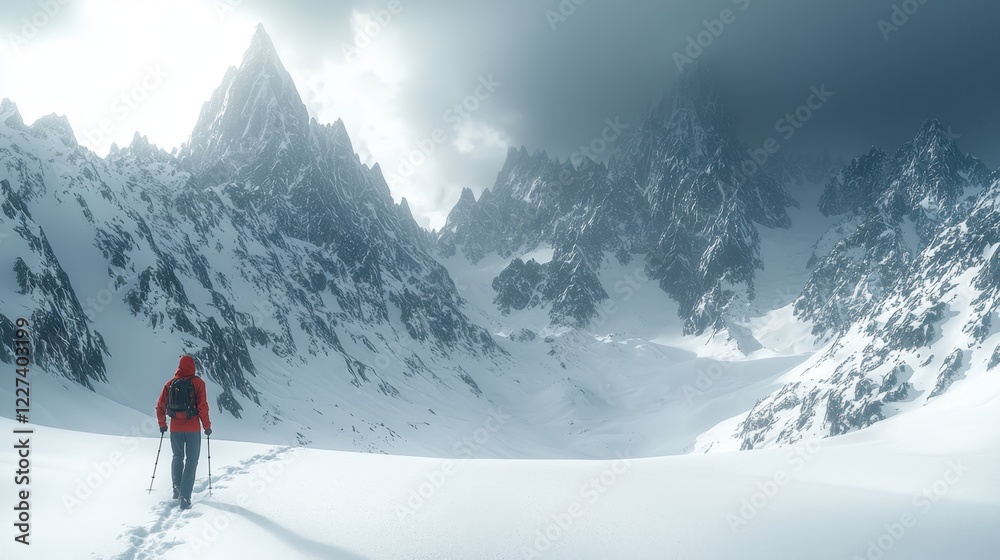 Trailblazer trekking through snow-covered mountains symbolizing focus Trailblazer trekking through snow-covered mountains symbolizing focus