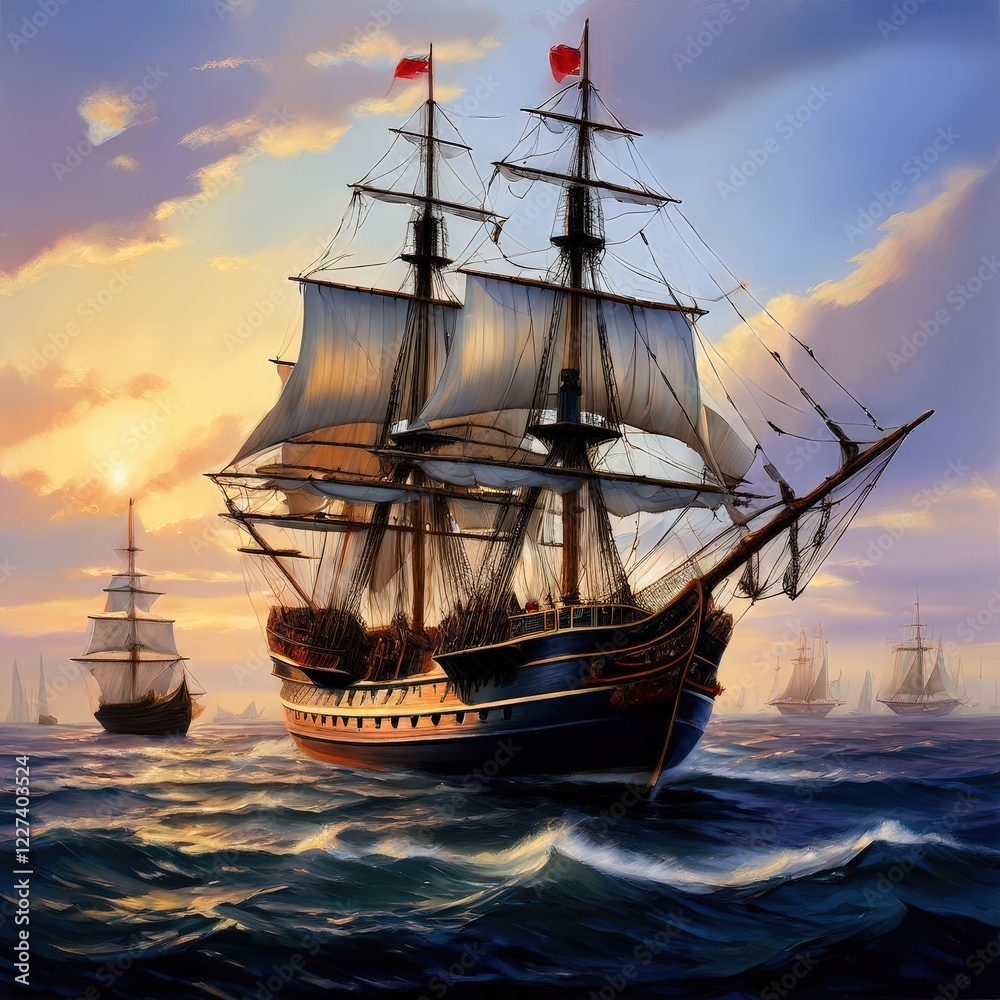 Obraz premium the AI Image Generator, Majestic Sailing Ship at Sunset
