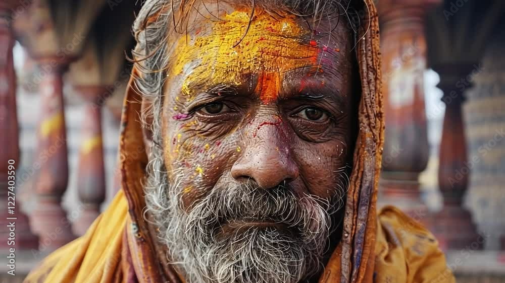 A man with a weathered face wearing an orange cloth is covered in colorful powders during the Holi festival. His eyes reflect the joy and spirit of this vibrant celebration filled with festivities. A man with a weathered face wearing an orange cloth is covered in colorful powders during the Holi festival. His eyes reflect the joy and spirit of this vibrant celebration filled with festivities.