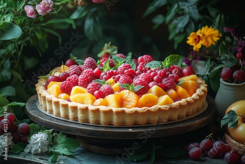 Peach and berry tart, summer garden setting, rustic table photo