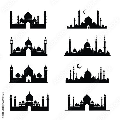 A Collection of mosque silhouette on white background.