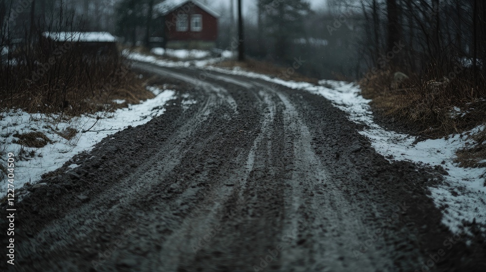 Snowy winter road curves towards cabin Snowy winter road curves towards cabin
