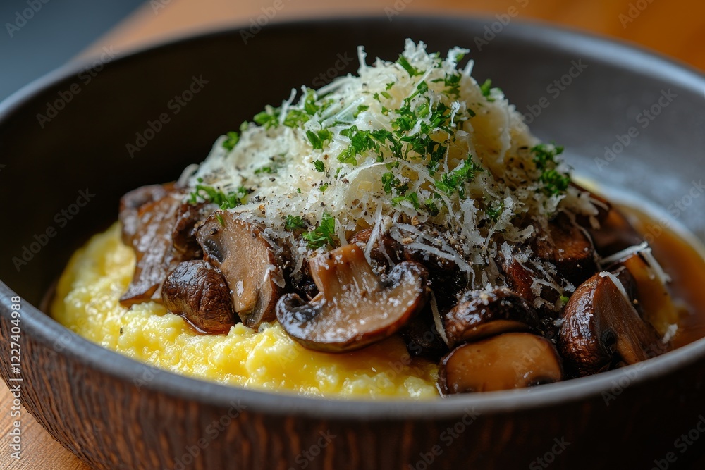 Creamy mushroom risotto, wood table Creamy mushroom risotto, wood table