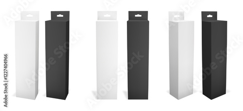 3d black and white hang tab box mockup. Thin rectangle carton product package for toothpaste or gift slot. Empty front and side view template set for long cardboard container with hanger in vector.