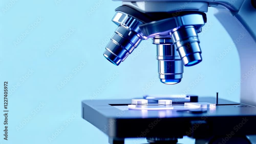 Professional laboratory microscope in blue tones. Scientific research equipment close-up view. Medical diagnostic tool for cellular analysis and biological studies Professional laboratory microscope in blue tones. Scientific research equipment close-up view. Medical diagnostic tool for cellular analysis and biological studies