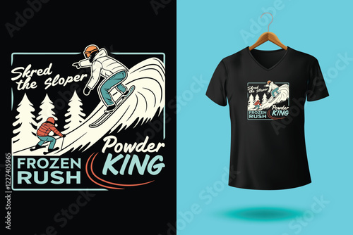 Snowboarder is having fun riding down a snowy mountainside in a cool, vintage style illustration. This design is perfect for winter sports enthusiasts.