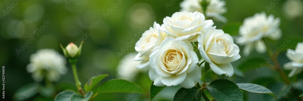 Dense cluster of snow-white rose blossoms on a thriving bush , growth, bridal, nature Dense cluster of snow-white rose blossoms on a thriving bush , growth, bridal, nature