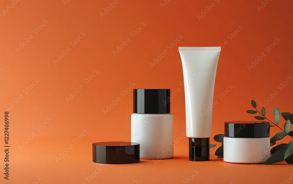 Stylish unbranded skincare cream jars and tubes on orange backdrop, perfect beauty product mockup for spa and skincare businesses, minimalistic design, clean space for text Stylish unbranded skincare cream jars and tubes on orange backdrop, perfect beauty product mockup for spa and skincare businesses, minimalistic design, clean space for text