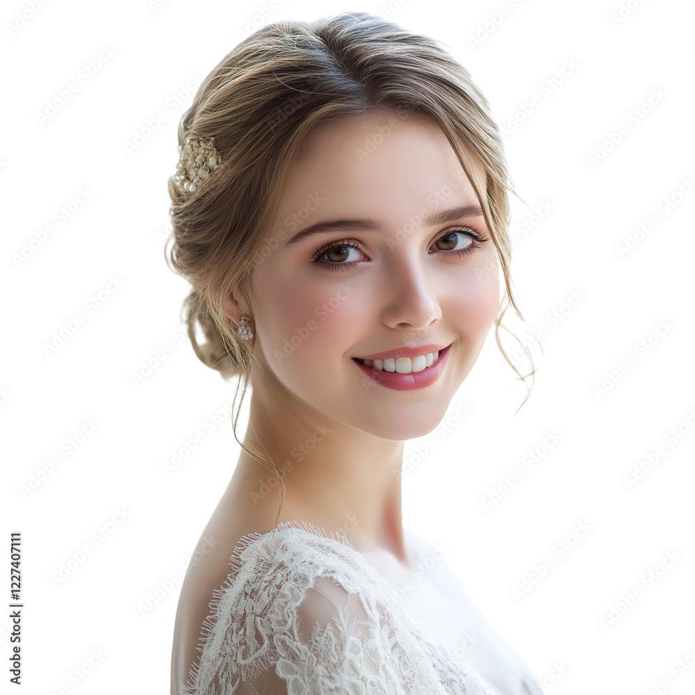 young Caucasian woman in wedding dress smiling softl isolated on transparent white background young Caucasian woman in wedding dress smiling softl isolated on transparent white background