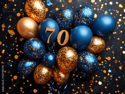 70th Birthday Celebration Concept with Balloons, Cake, and Number 70