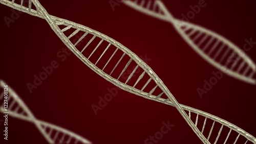 DNA Strand On Red Background, Closeup Of Human DNA Gold Metallic, Microscopic View Of DNA, Science And Medical Research.