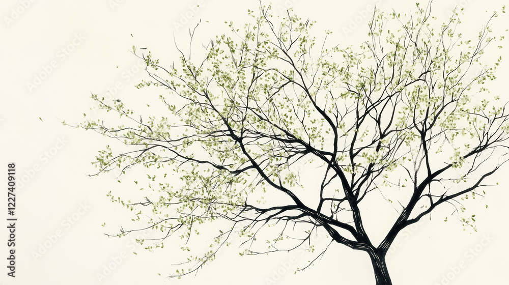 A black ink sketch of a tree with thin, delicate green leaves gently falling from its branches, blending detailed linework with subtle color A black ink sketch of a tree with thin, delicate green leaves gently falling from its branches, blending detailed linework with subtle color