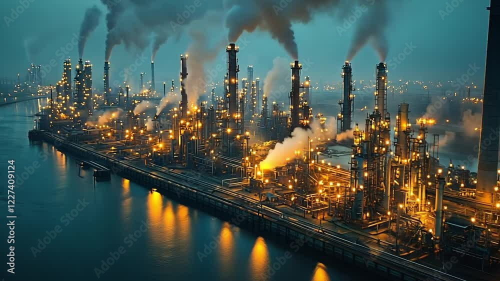 Industrial Night: A panoramic view of a sprawling industrial complex at night, with towering smokestacks emitting plumes of smoke against a twilight sky. Industrial Night: A panoramic view of a sprawling industrial complex at night, with towering smokestacks emitting plumes of smoke against a twilight sky.