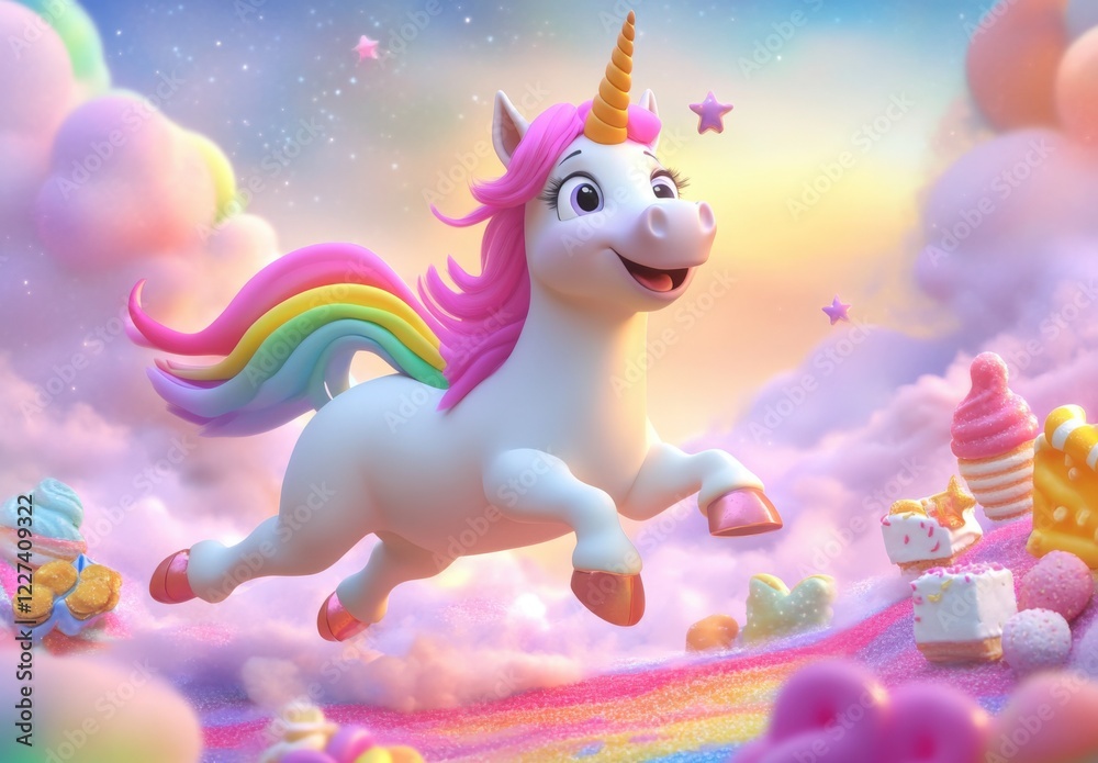 A cartoon unicorn is flying through the sky with a rainbow tail A cartoon unicorn is flying through the sky with a rainbow tail