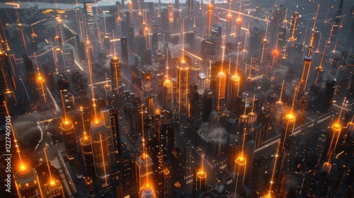 Wallpaper Mural Aerial view of a futuristic cityscape illuminated by glowing skyscrapers at dusk, showcasing advanced technology Torontodigital.ca